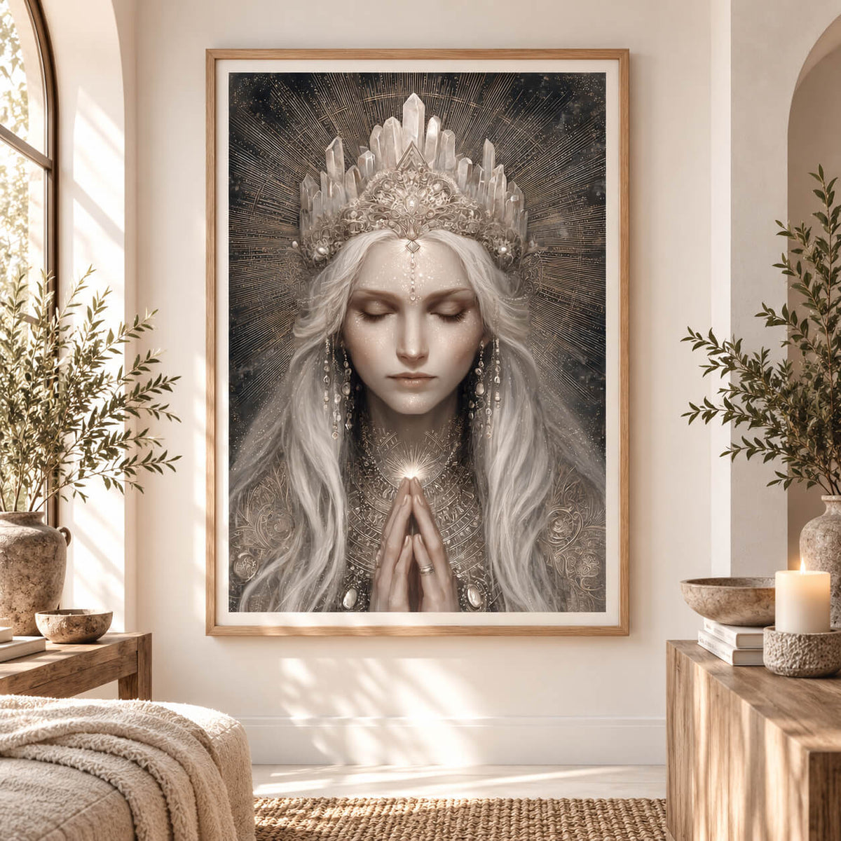 Divine feminine wall art featuring a mystical goddess in prayer with an ornate crystal crown