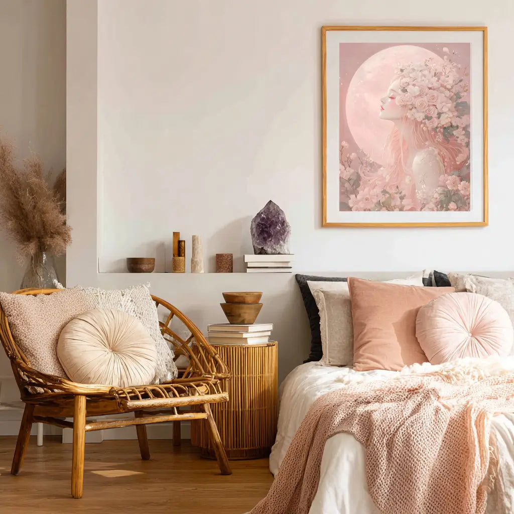 Contemporary pink wall art featuring a divine feminine figure under a soft moon.