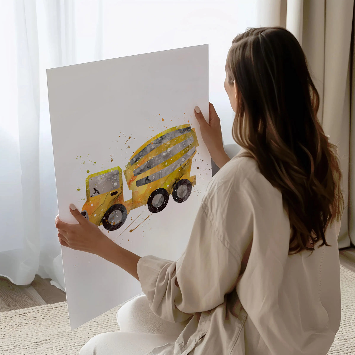 Watercolor yellow dump truck wall art for toddler room décor