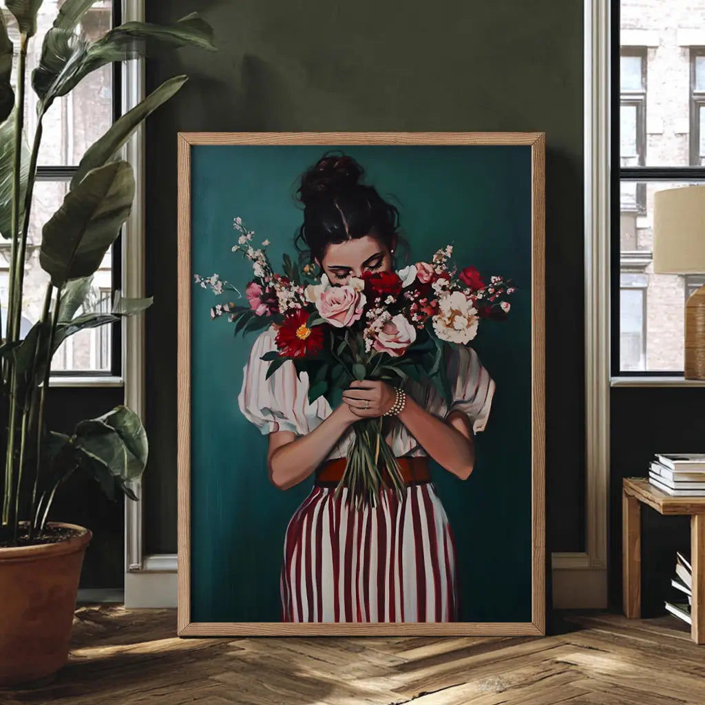 Framed artwork of a woman holding flowers in a room with plants and a lamp.