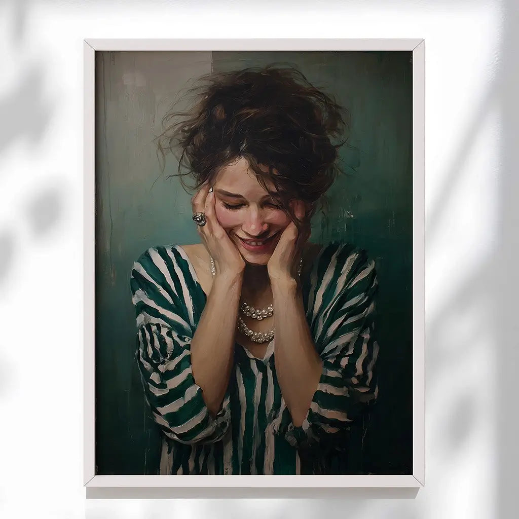 emerald green portrait woman in a striped top holding her hands to her face smiling eyes closed