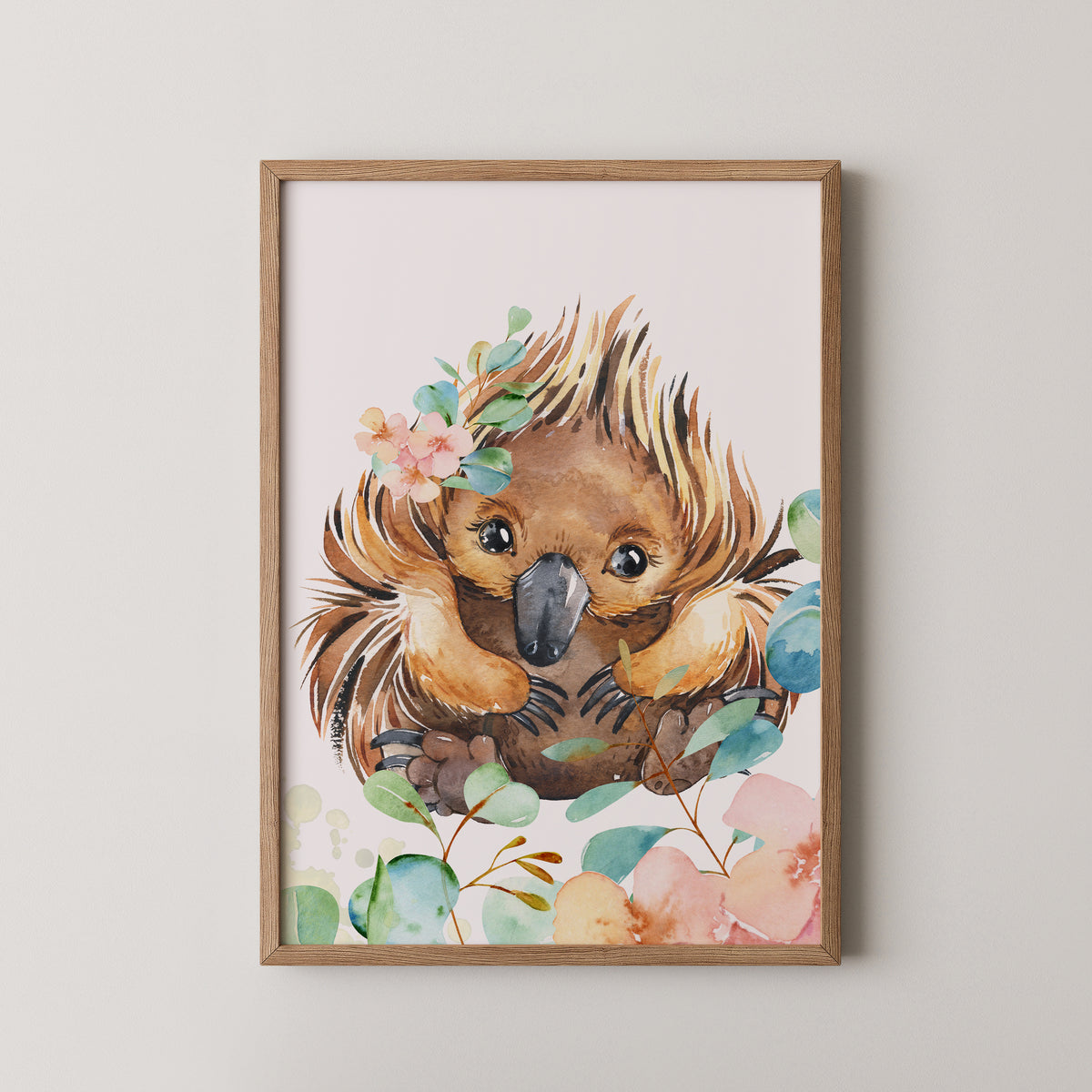 Girls nursery wall art featuring Australian baby euchidna and soft botanical tones