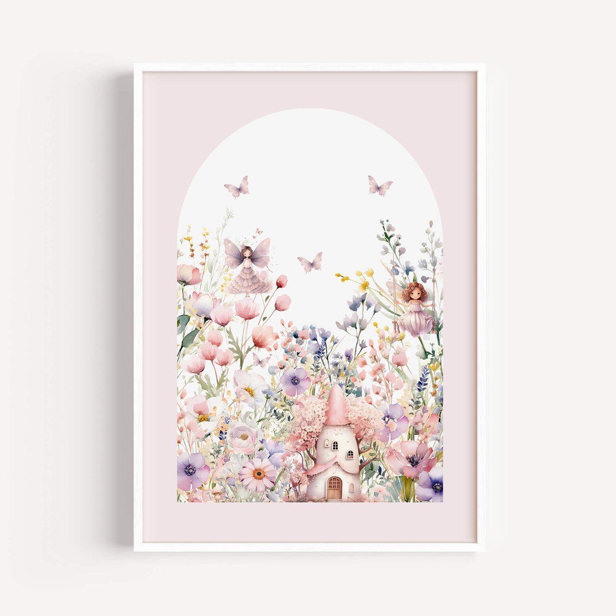 Girls nursery fairy garden wall art prints set of 3, white frames, pastel watercolour floral design