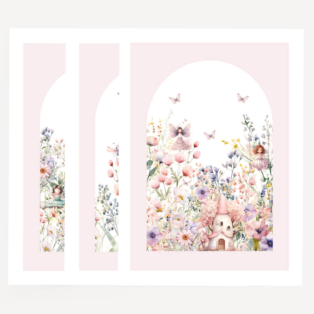 Unframed fairy garden nursery wall art set of 3, soft pastel watercolour florals for girls room