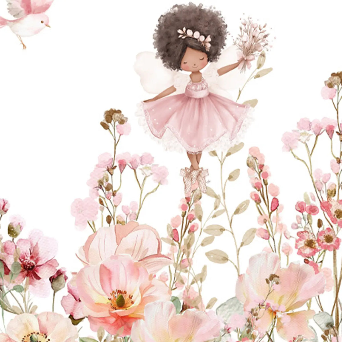 Fairy wall art print featuring a dark-skinned fairy girl in a pink dress with floral wings among pastel flowers.