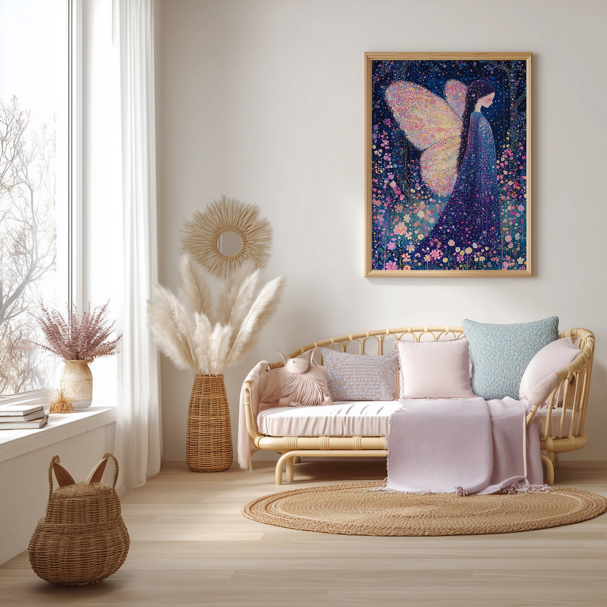 Bloomcore fairy print with soft pastel blossoms and wings