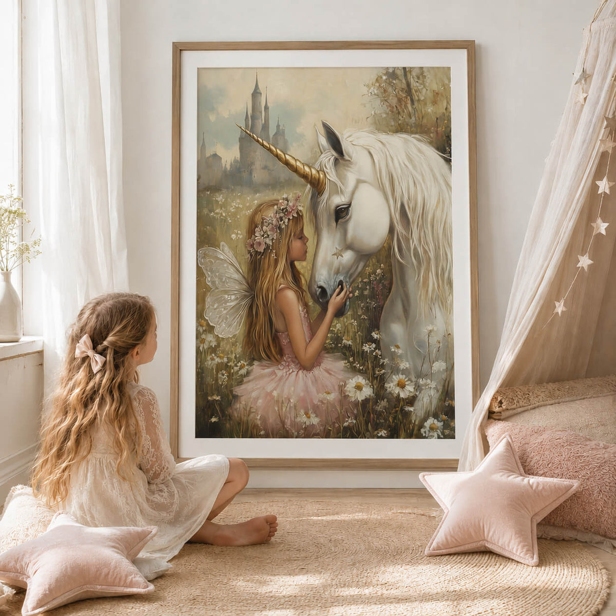 Fairy and unicorn wall art print for girls bedroom, shown in a soft pink nursery with a large timber framed print.