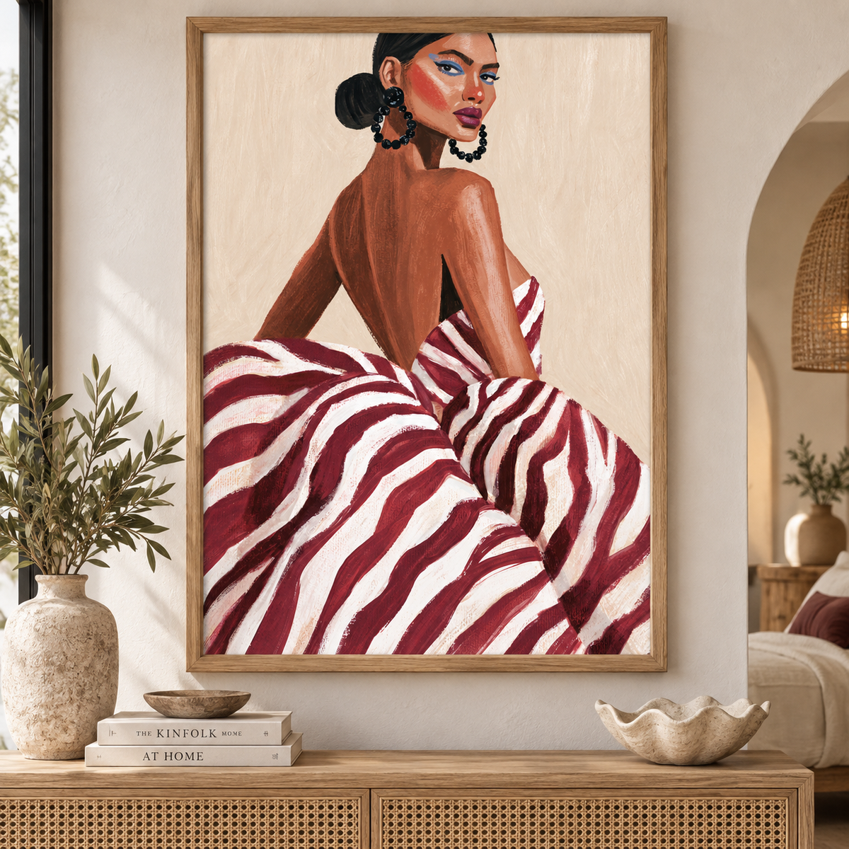 Modern feminine fashion wall art featuring elegant woman in burgundy and cream striped gown with neutral background