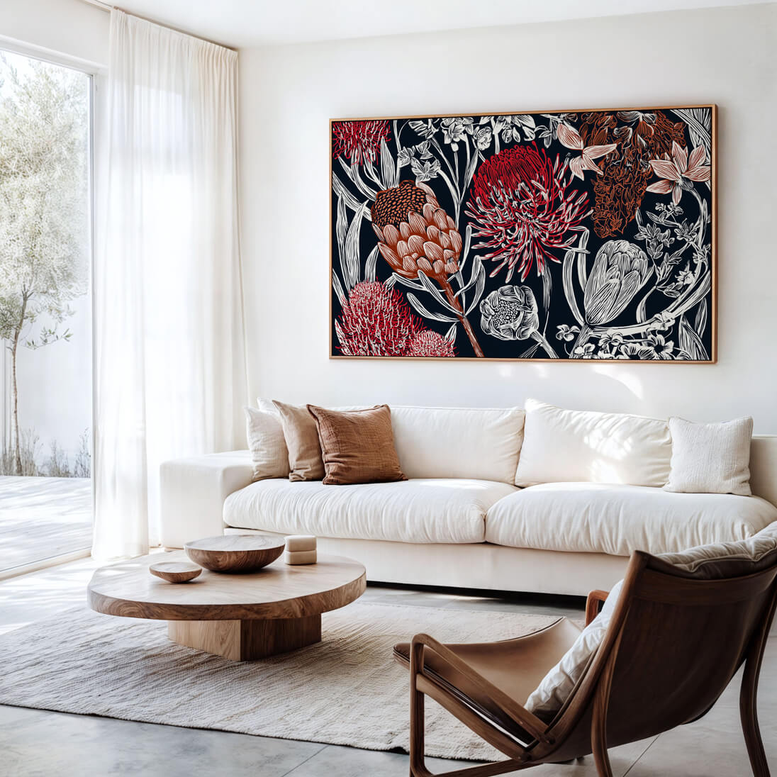 Modern Australian botanical wall art showcasing Banksia, Waratah and native flora on a deep navy background, available as a premium framed canvas.