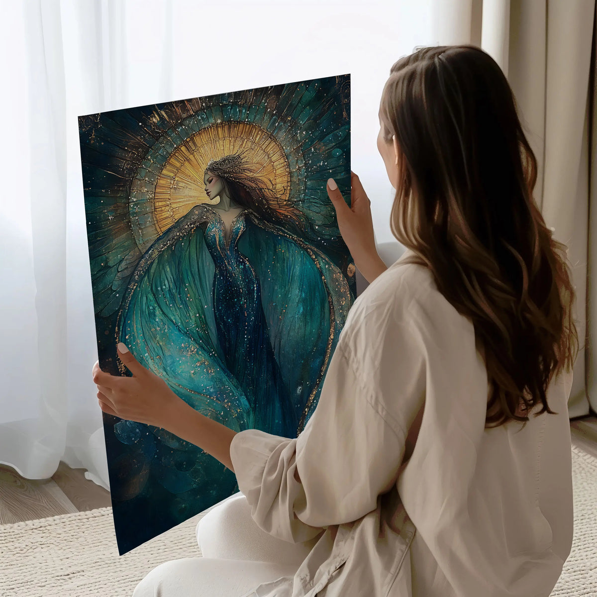 Spiritual celestial goddess wall print, golden and green tones, feminine energy artwork