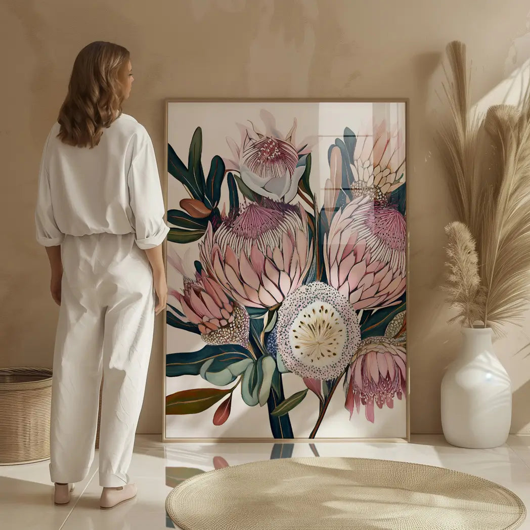 Australian botanical fine art print. Featuring contemporary interpretations of native plants rendered in elegant, understated tones pinks and creams