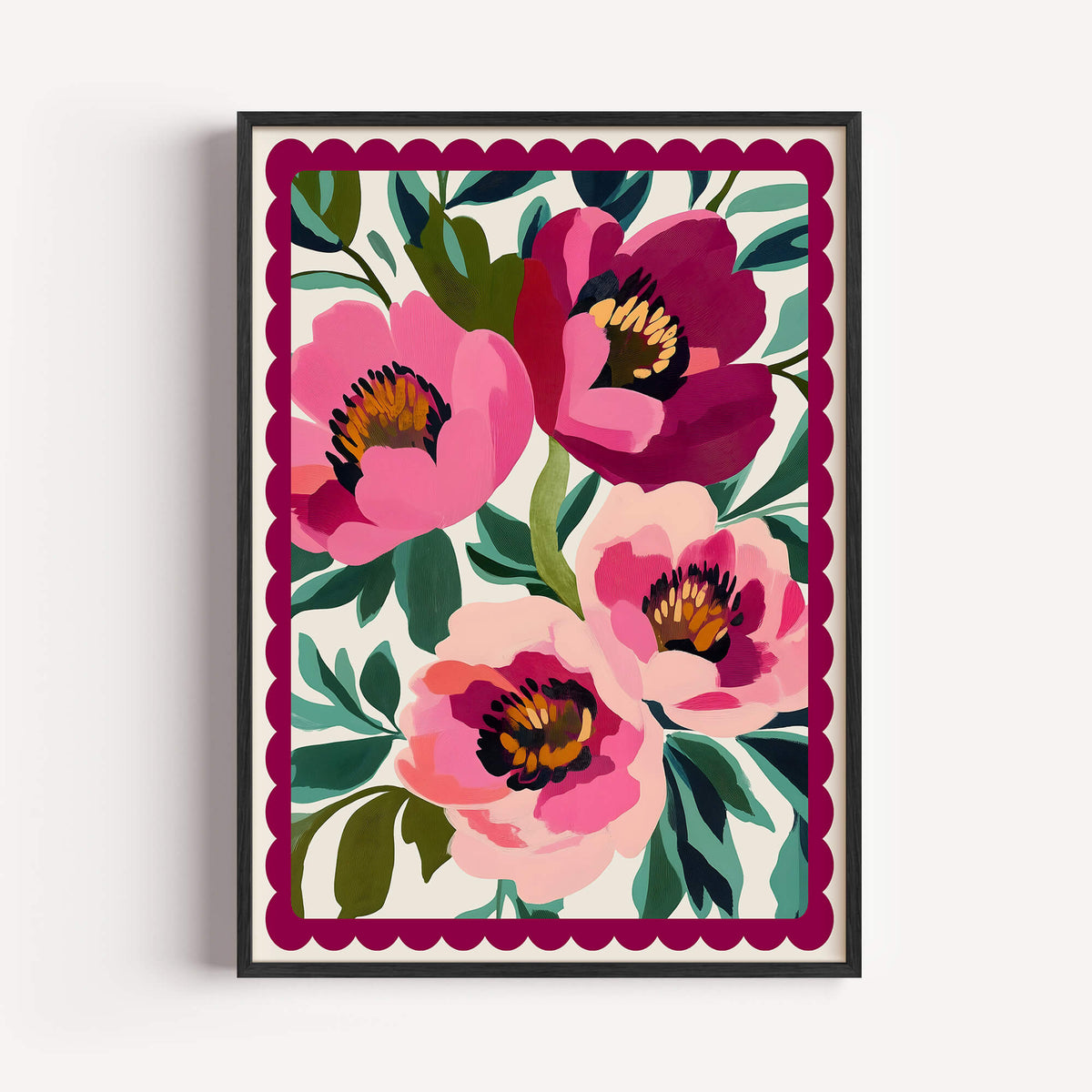 bold floral artwork with scalloped border design