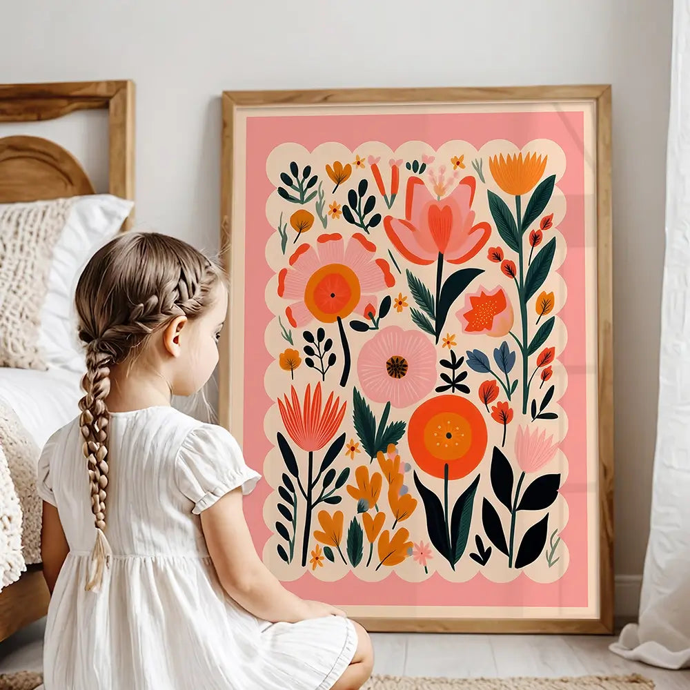 bright Floral Wall Nursery Wall Art Print, a modern 2025 nursery illustration filled with girly colours, floral details, and playful design. Perfect for a kids room,