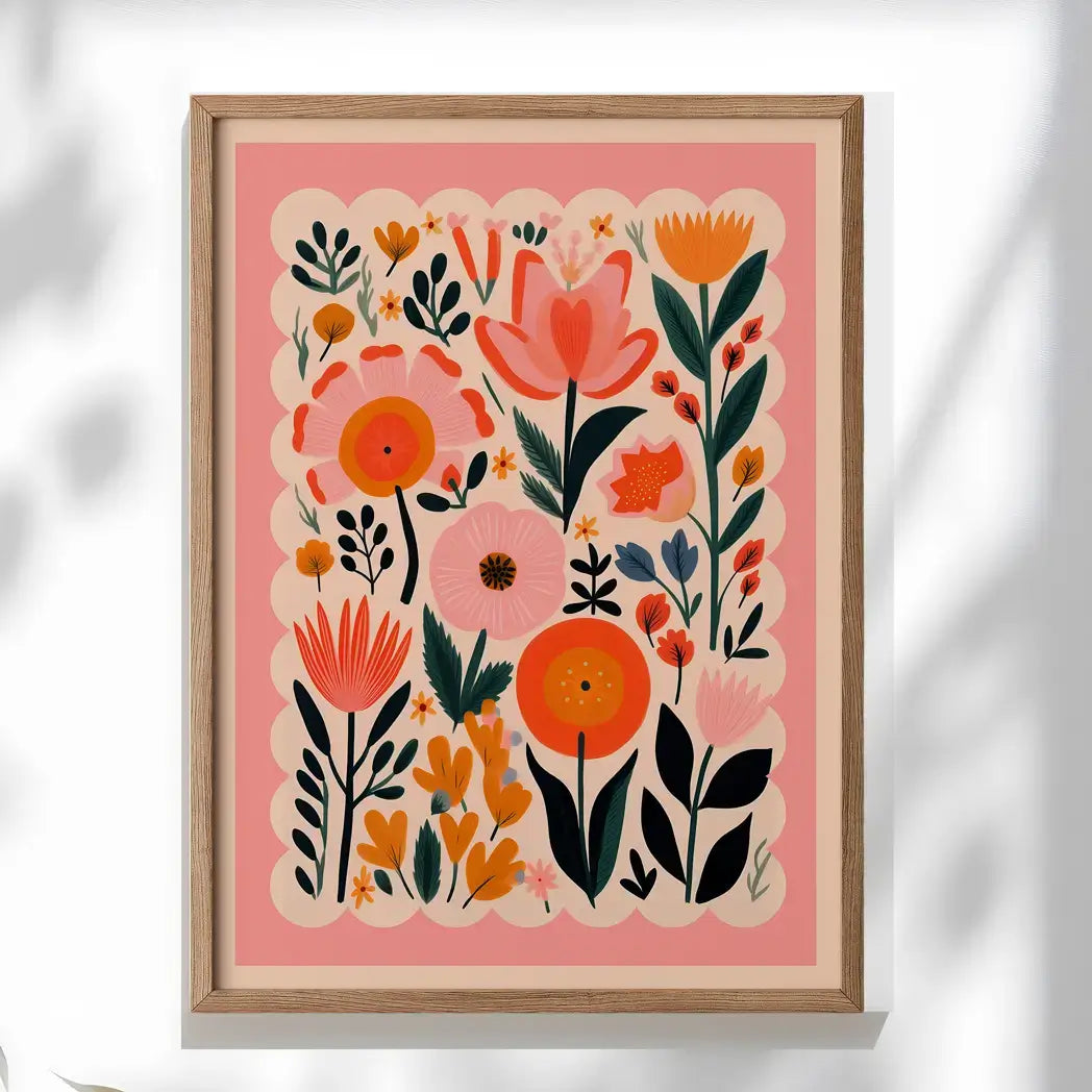 bright Floral Wall Nursery Wall Art Print, a modern 2025 nursery illustration filled with girly colours, floral details, and playful design. Perfect for a kids room,