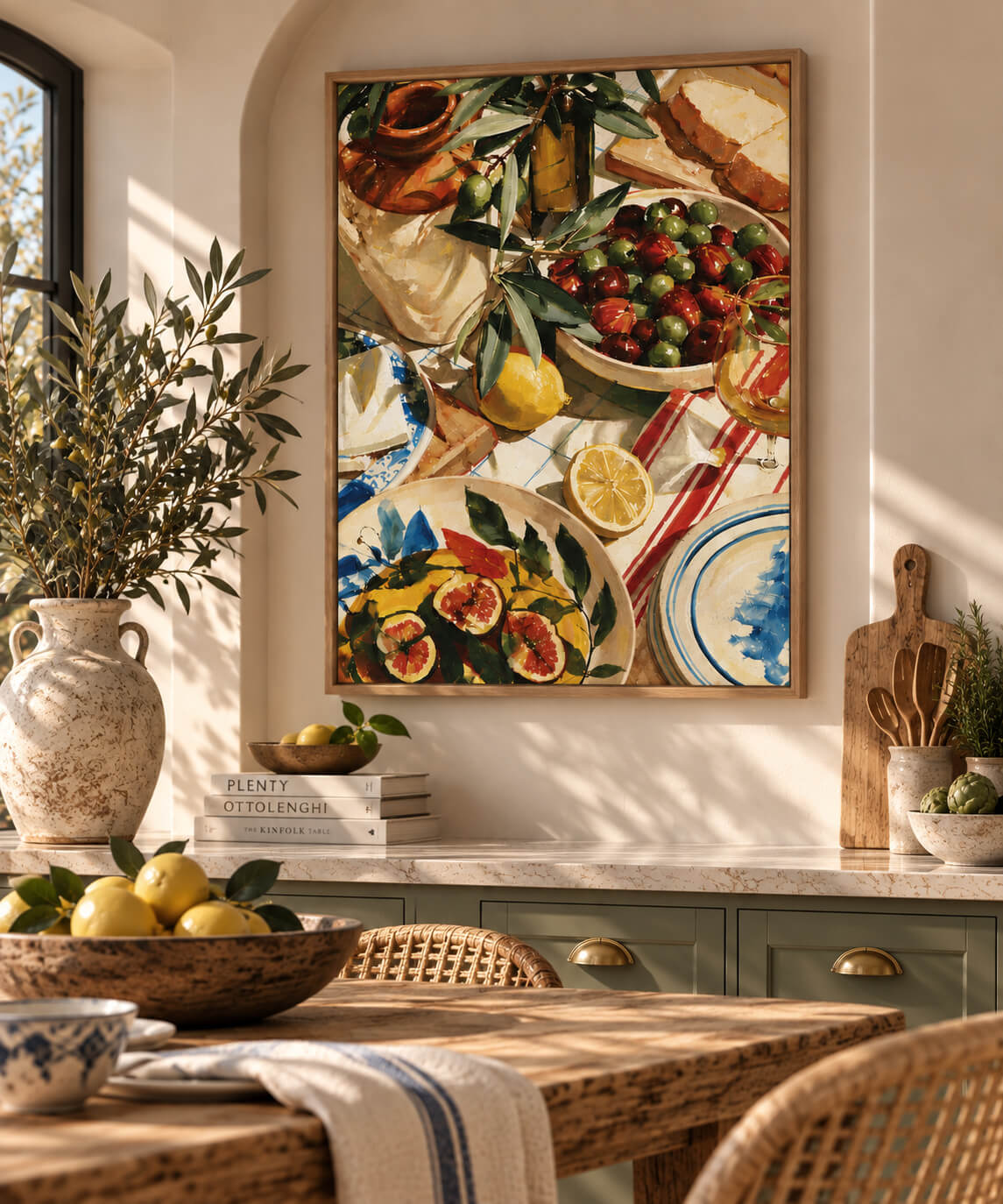 Mediterranean kitchen framed canvas wall art with olives lemons figs and Italian inspired still life artwork