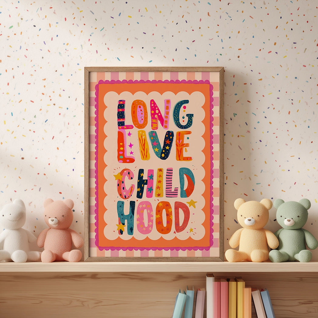 Childhood Wall Art Print, a modern 2025 nursery illustration filled with girly colours, floral details, and playful design. Perfect for a kids room, nursery wall decor, or playroom art,