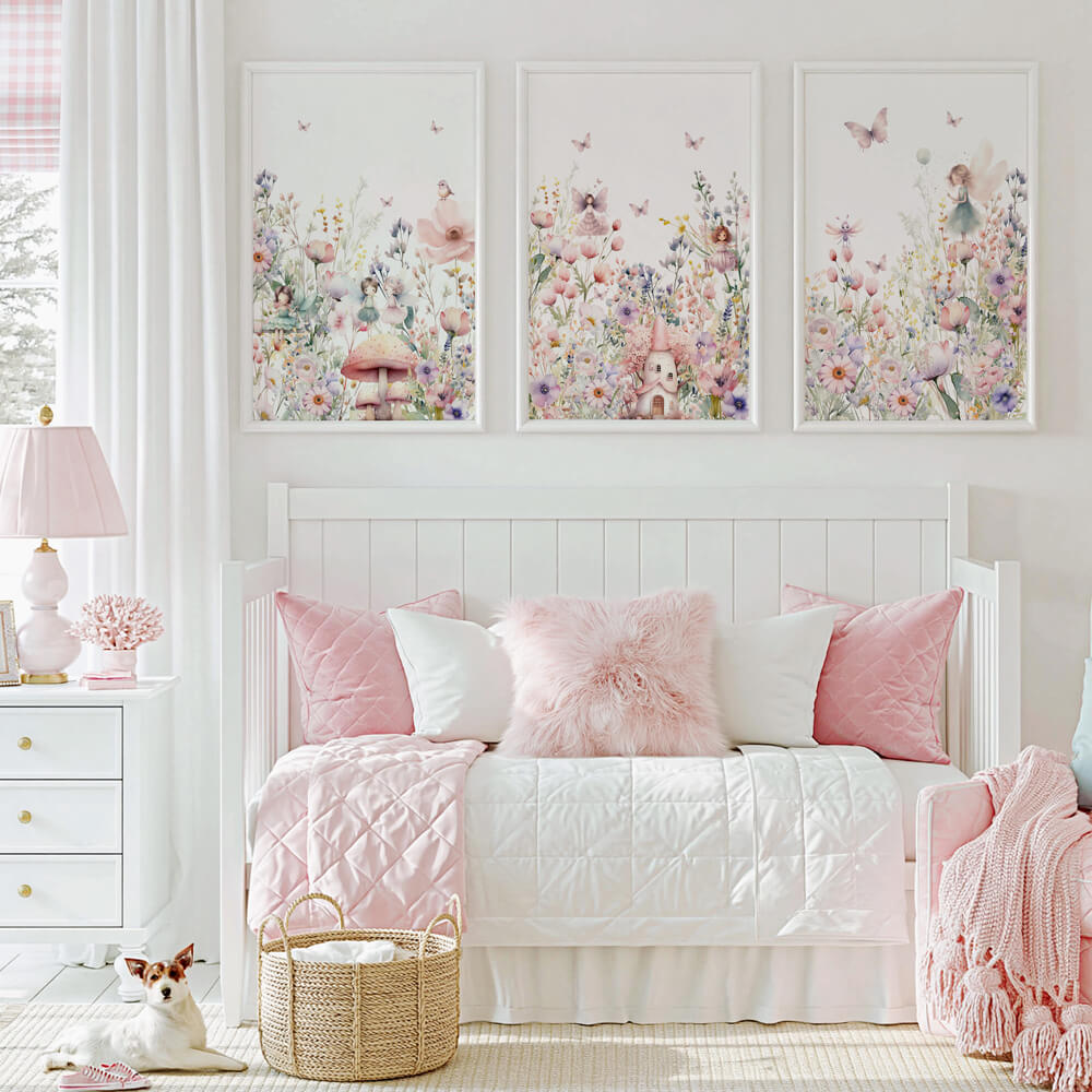 Floral fairy garden wall art print in pink and sage green for girls