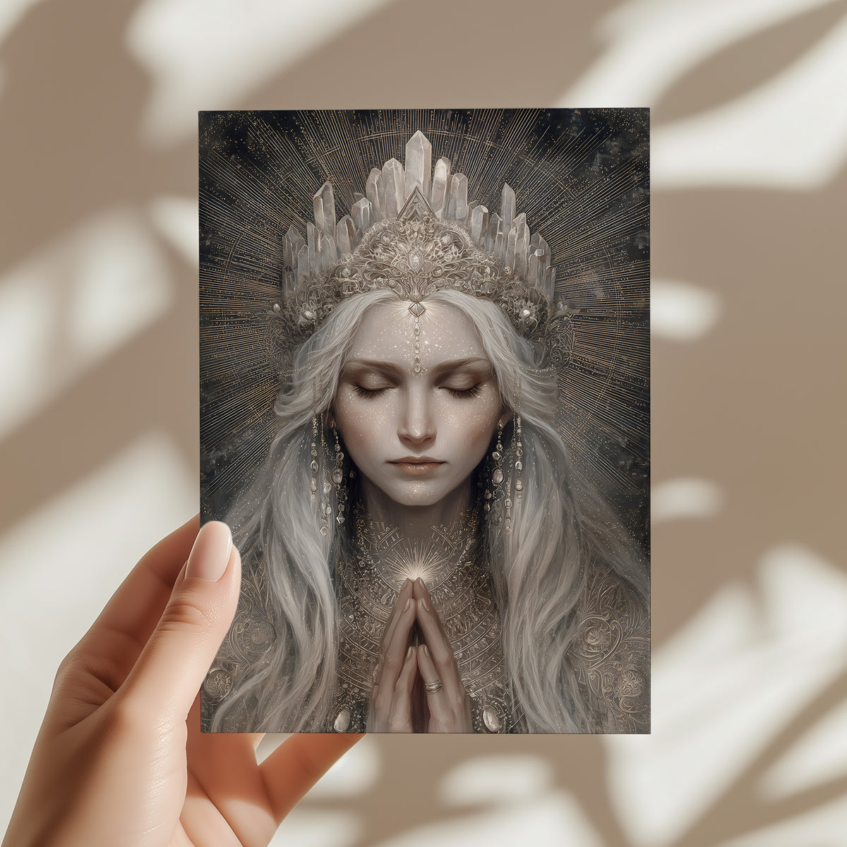 Spiritual goddess A5 art print with grey hair, quartz crystal crown