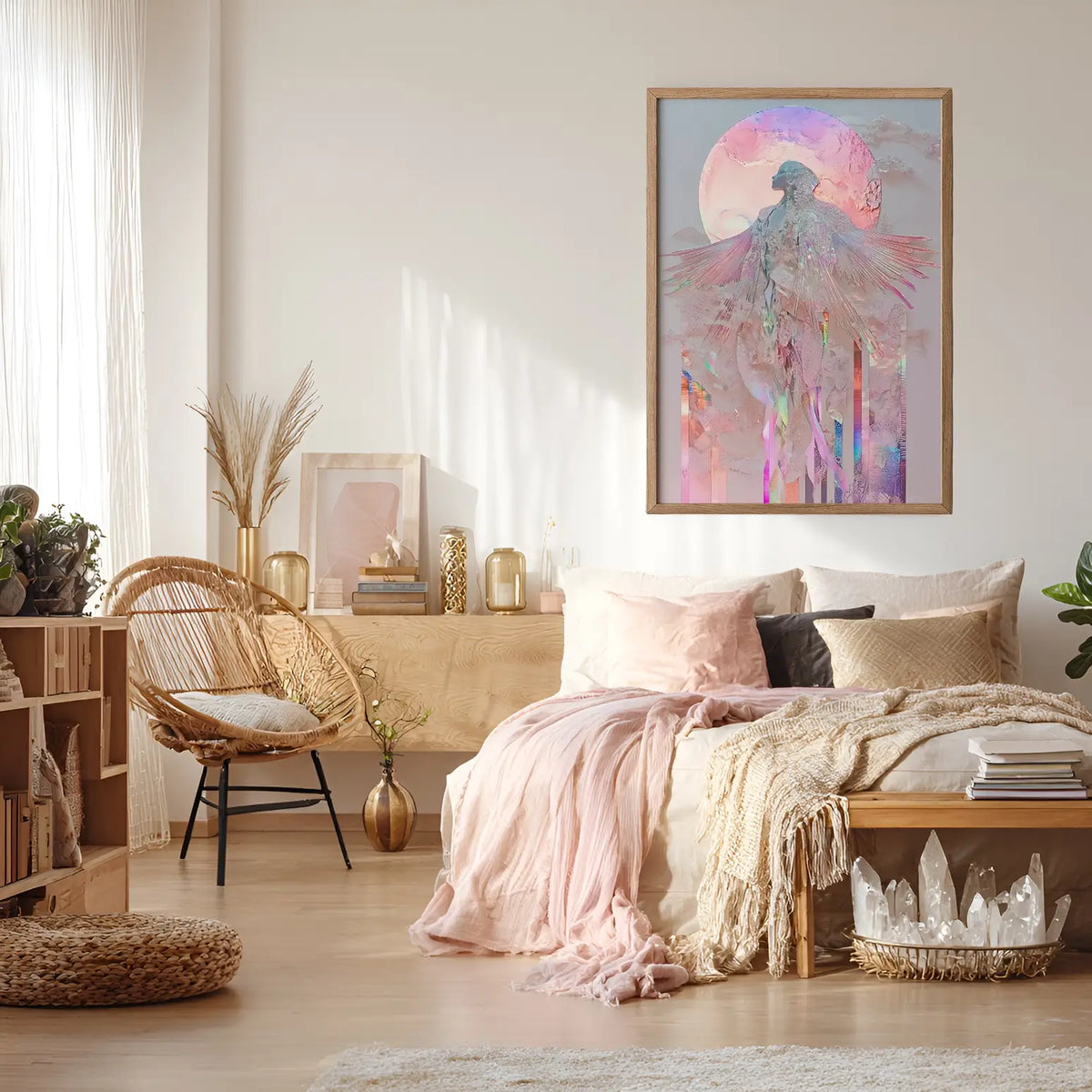 divine feminine pink woman portrait female goddess in front of the moon in pink irradised colours