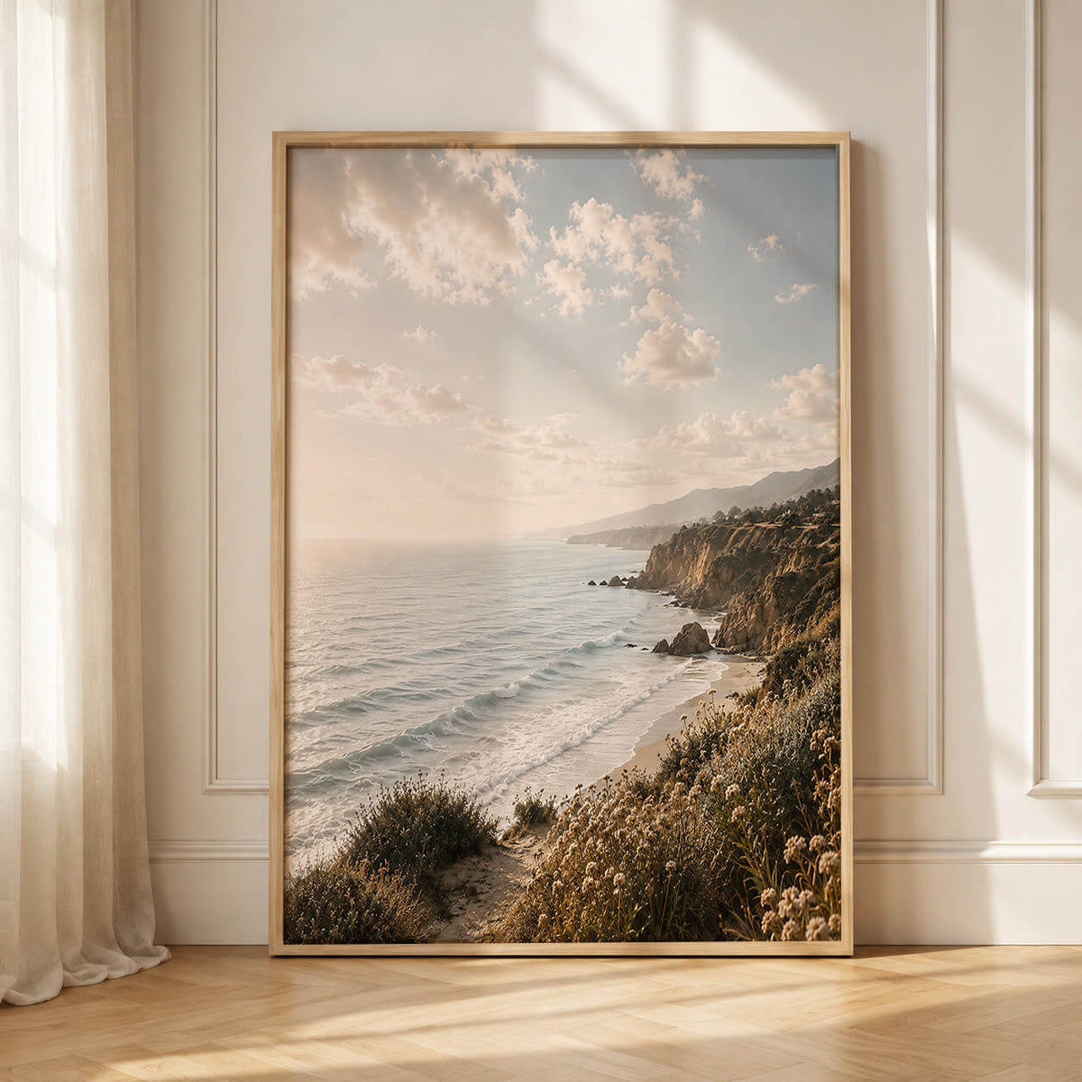 Neutral coastal landscape print with golden cliffs and ocean waves