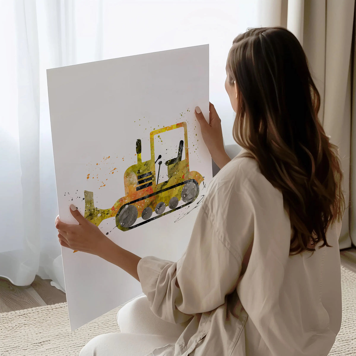 Watercolor yellow grader truck wall art for toddler room décor