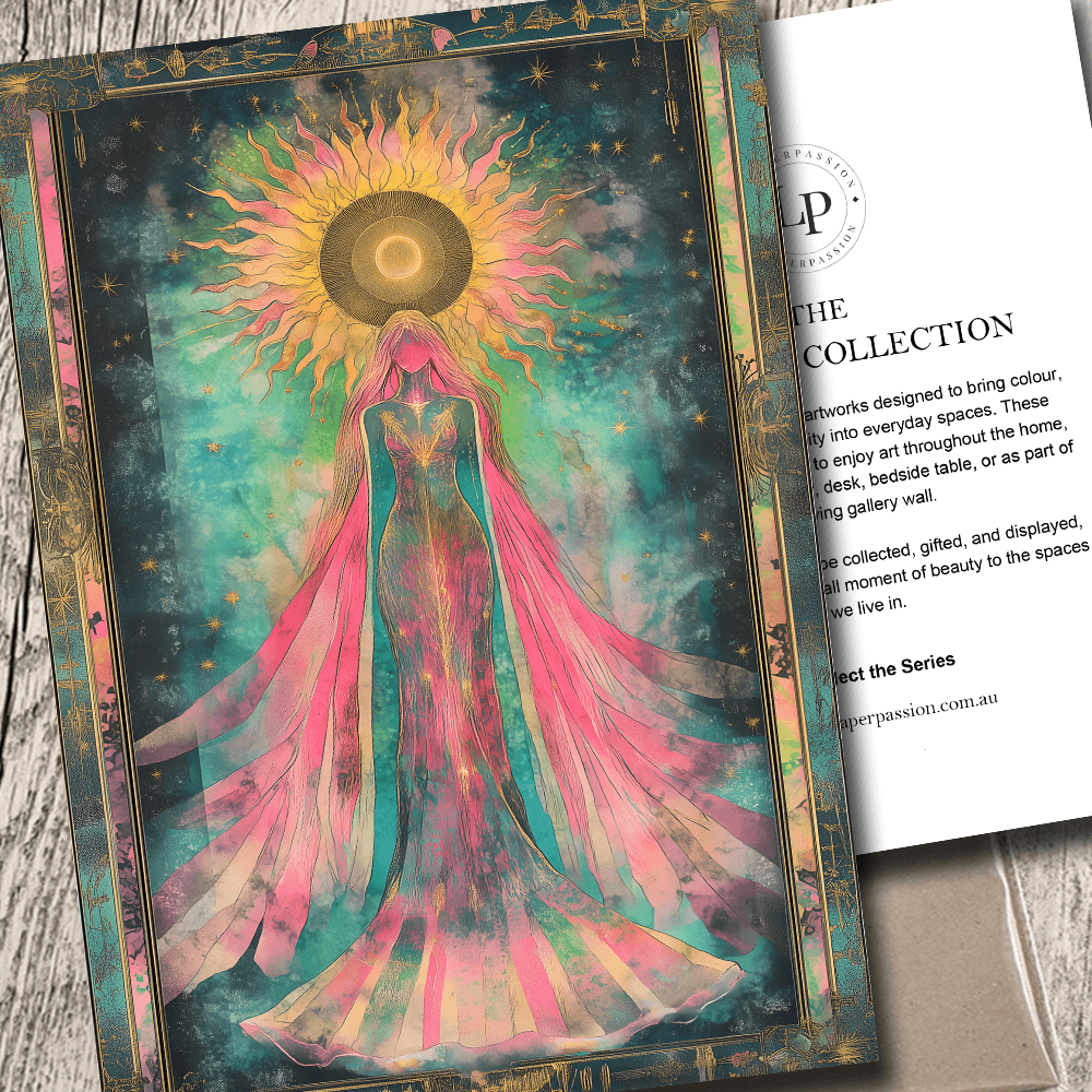 Feminine sun goddess art print in soft, warm tones. A thoughtful gift for lovers of spiritual and celestial decor.