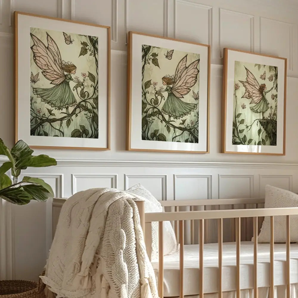 Sage green and pink fairy garden wall art print for girls nursery