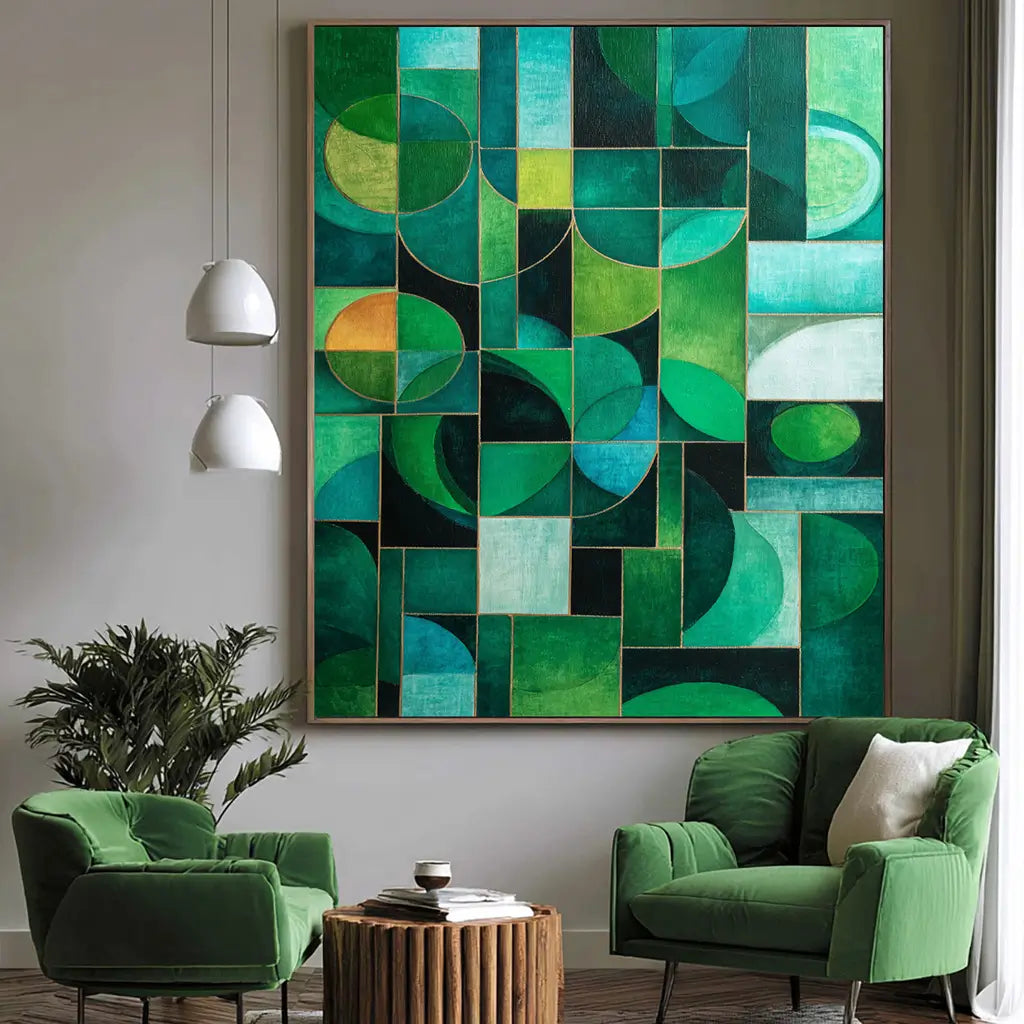 Emerald green geometric abstract canvas wall art with black and white accents