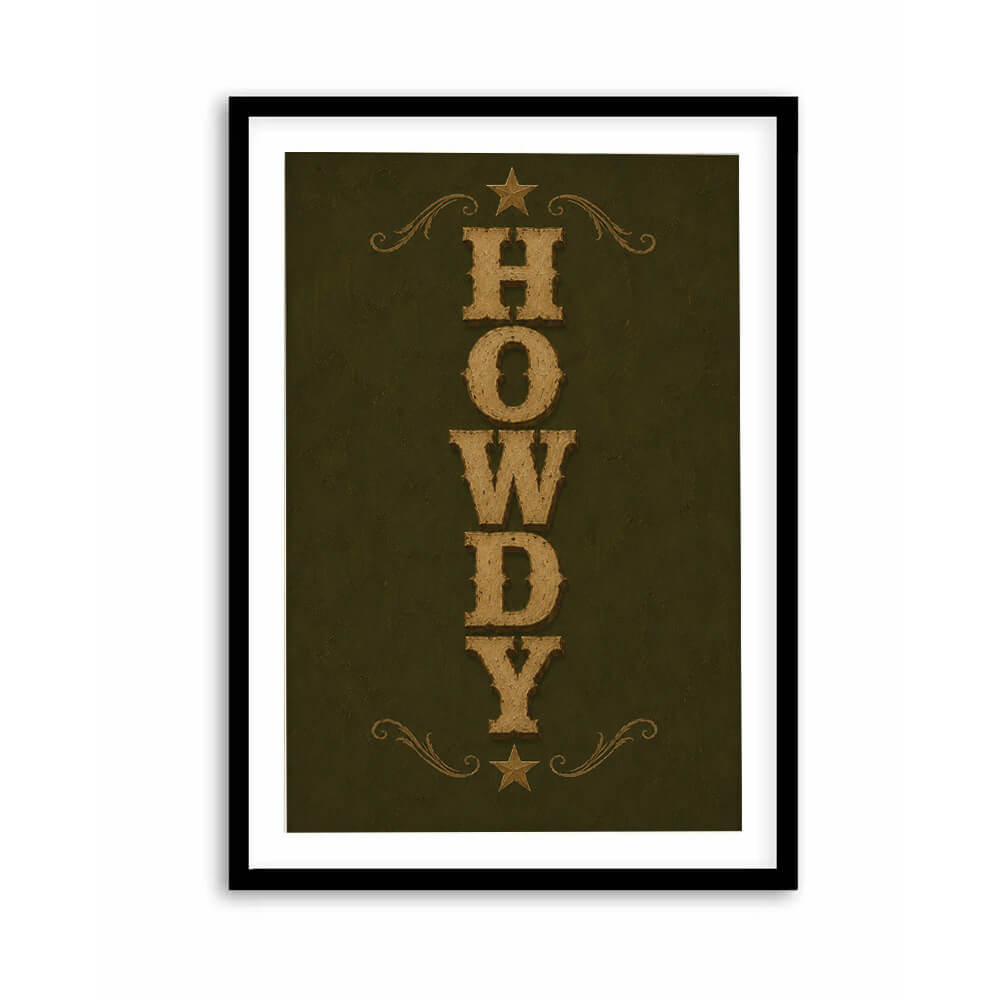 Howdy western wall art featuring vintage cowboy typography on olive green background