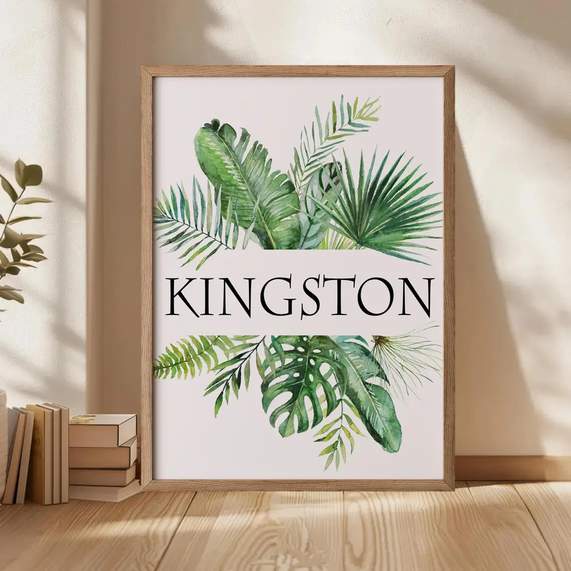 Personalised kids wall art featuring jungle leaves and custom name