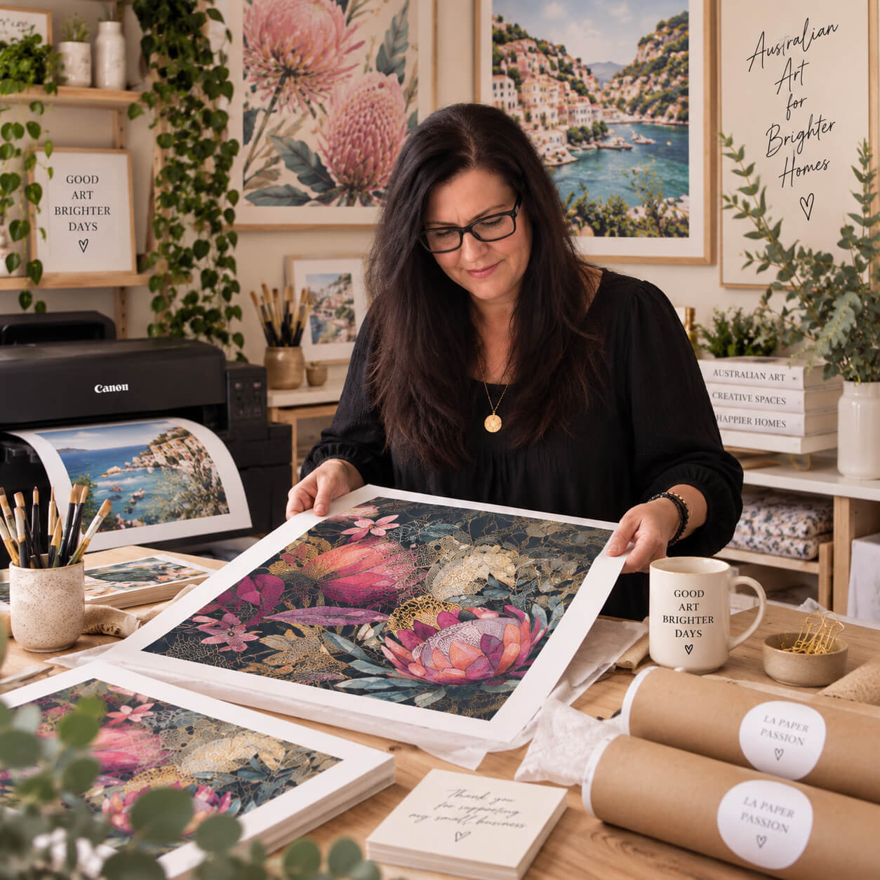 Behind the scenes at La Paper Passion Australian wall art studio preparing botanical art prints
