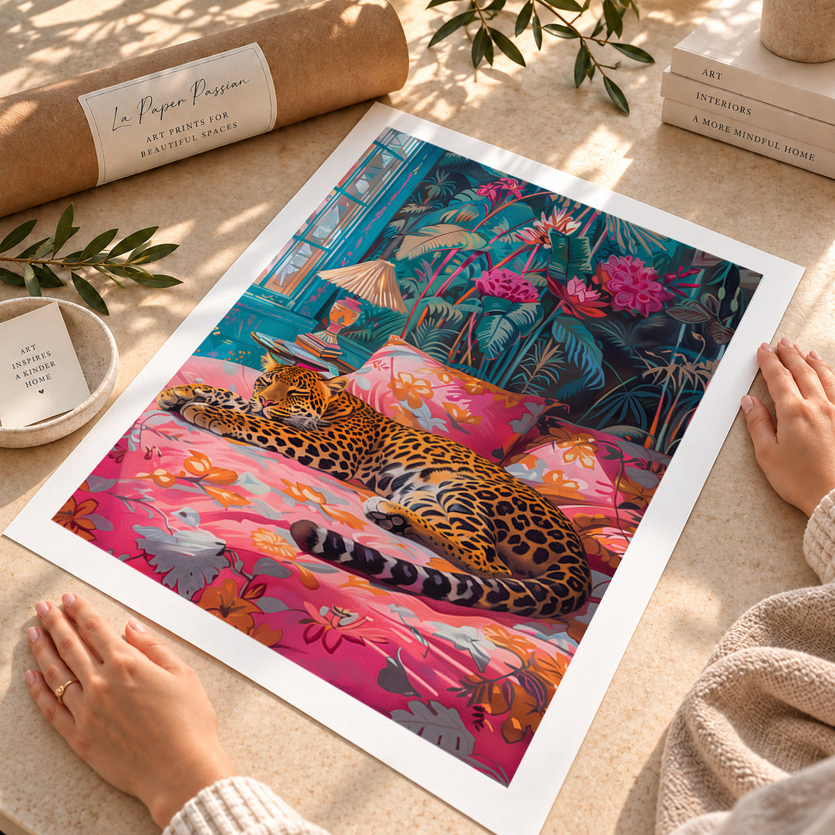 Eclectic sleeping leopard wall art with tropical plants and bright floral patterns for a maximalist interior