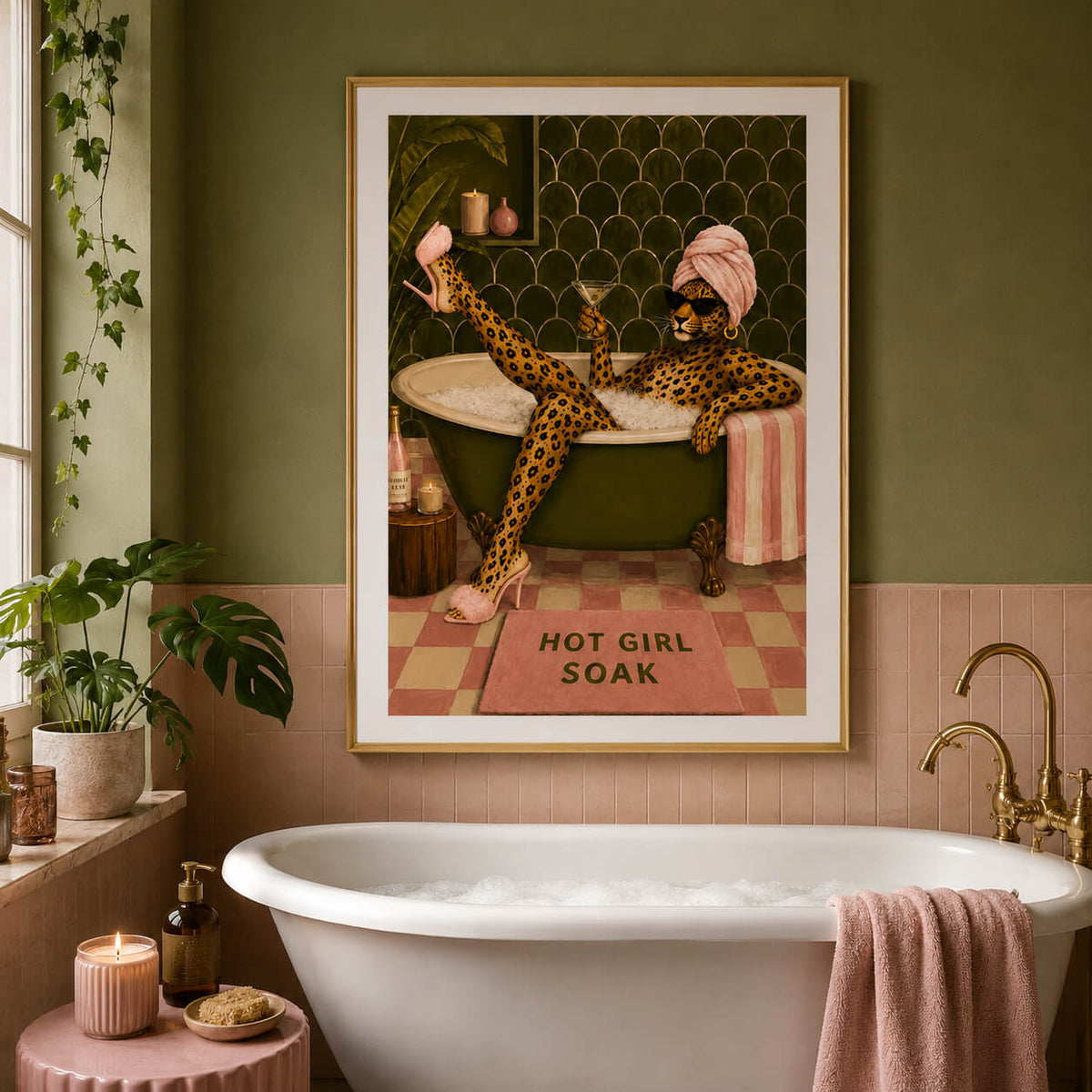 Leopard bath wall art featuring stylish leopard in bubble bath with martini