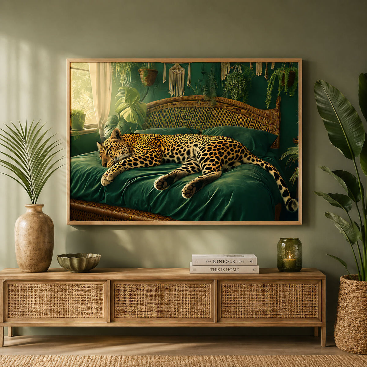 Leopard wall art with emerald green jungle decor