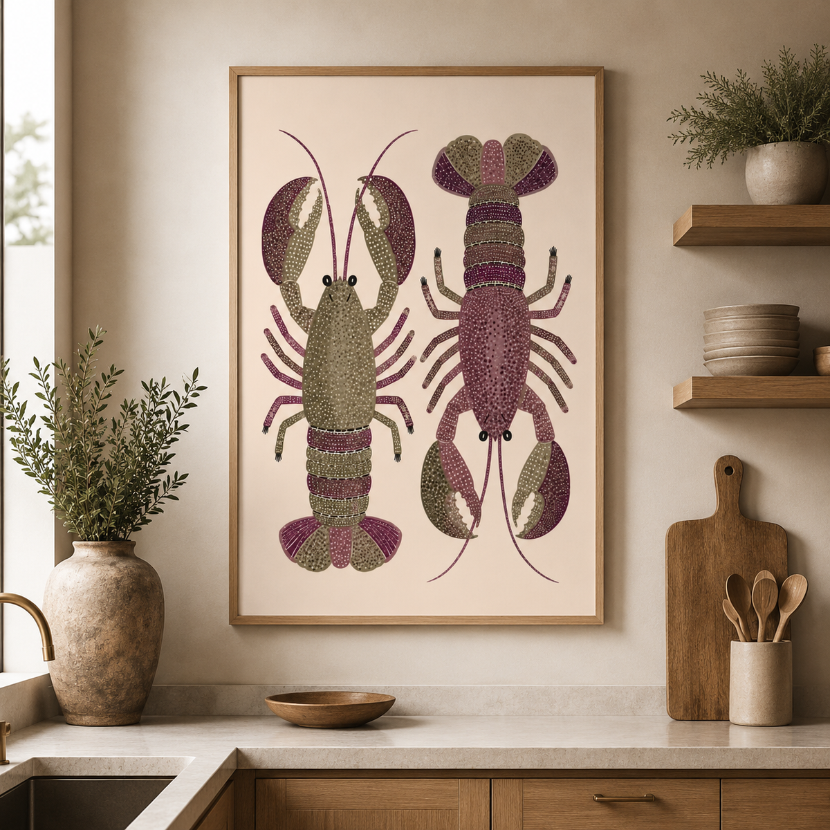 Coastal wall art featuring illustrated lobsters