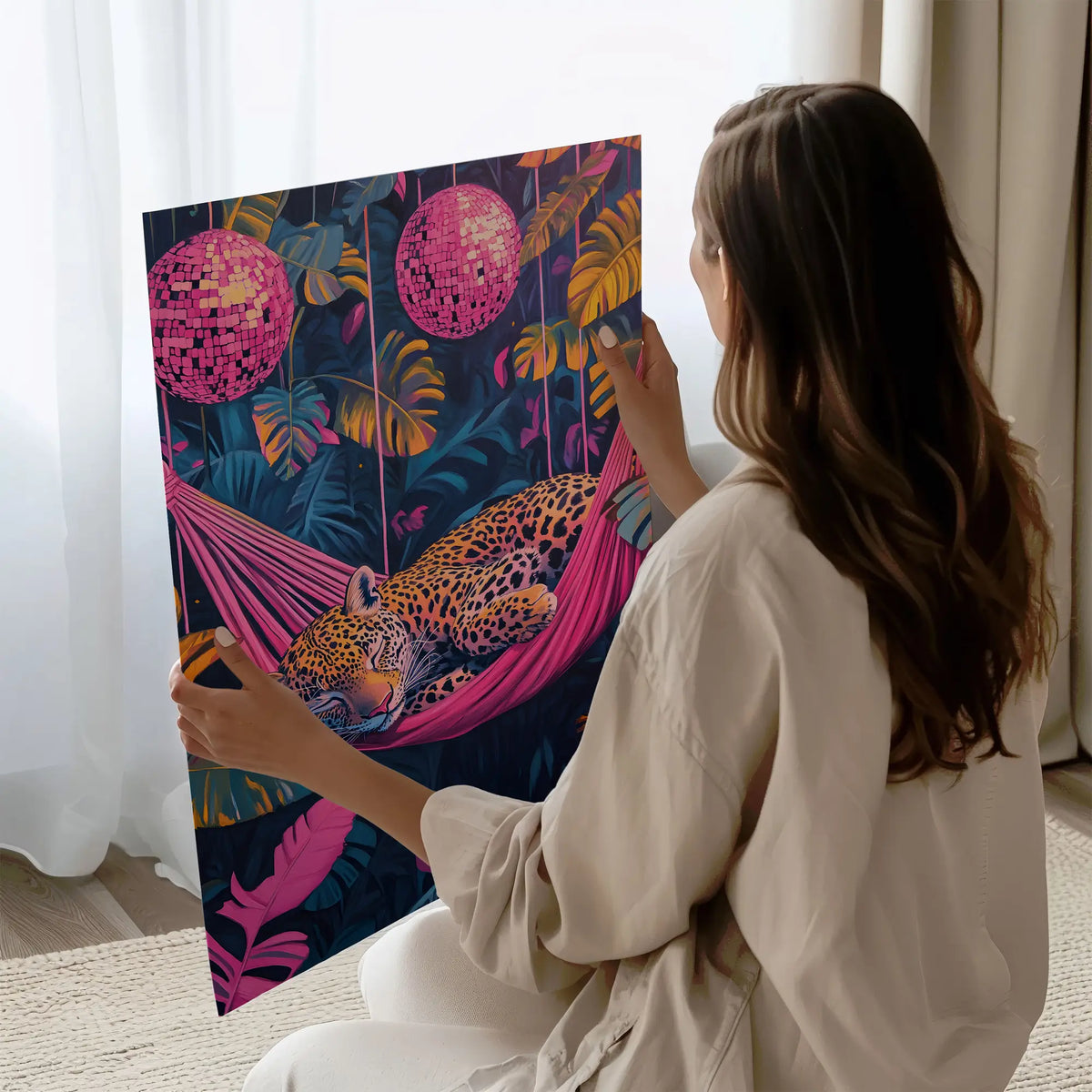 Sleeping Leopard Art - Dopamine Disco print leopard sleeping in a hamock