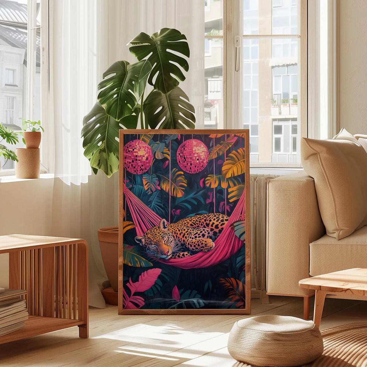 Sleeping Leopard Art - Dopamine Disco print leopard sleeping in a hamock