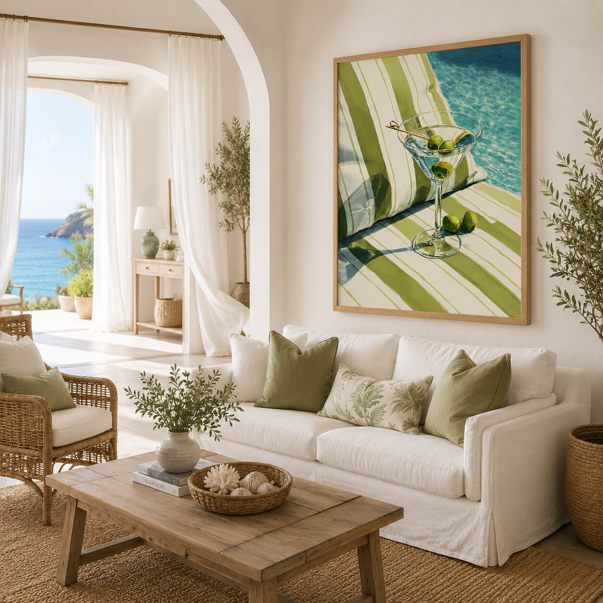 Olive martini print with Mediterranean resort styling in soft green, cream and blue coastal tones.