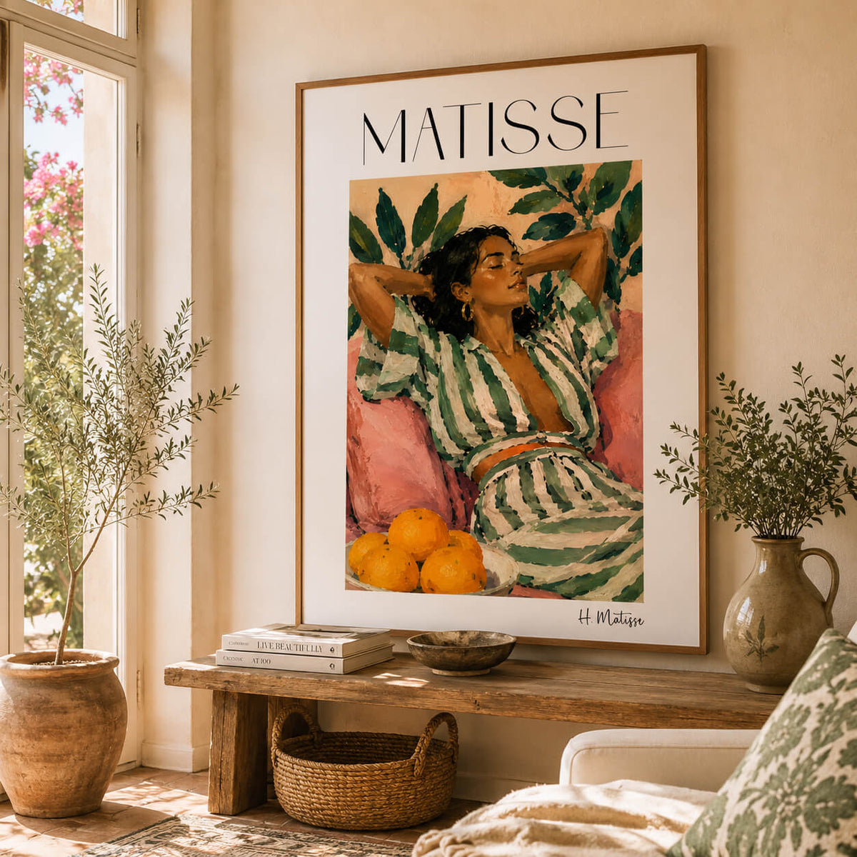 Matisse inspired Mediterranean woman poster featuring olive green striped dress, citrus fruit and botanical leaves.