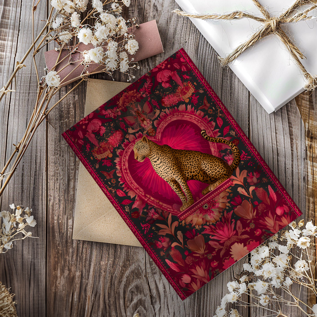 Bold maximalist leopard illustration art print, A5 size