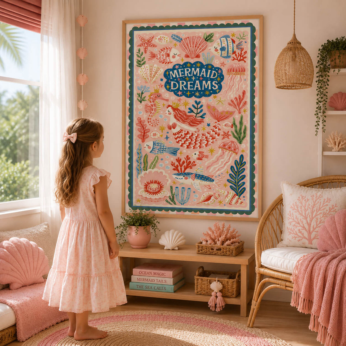 Girls mermaid wall art with playful sea creatures and coastal pink nursery colours.