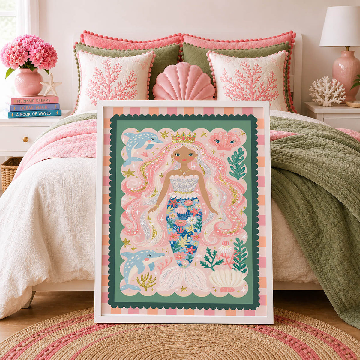 Pastel mermaid wall art featuring a crowned mermaid with flowing pink hair, playful dolphins, seashells and colourful coral.