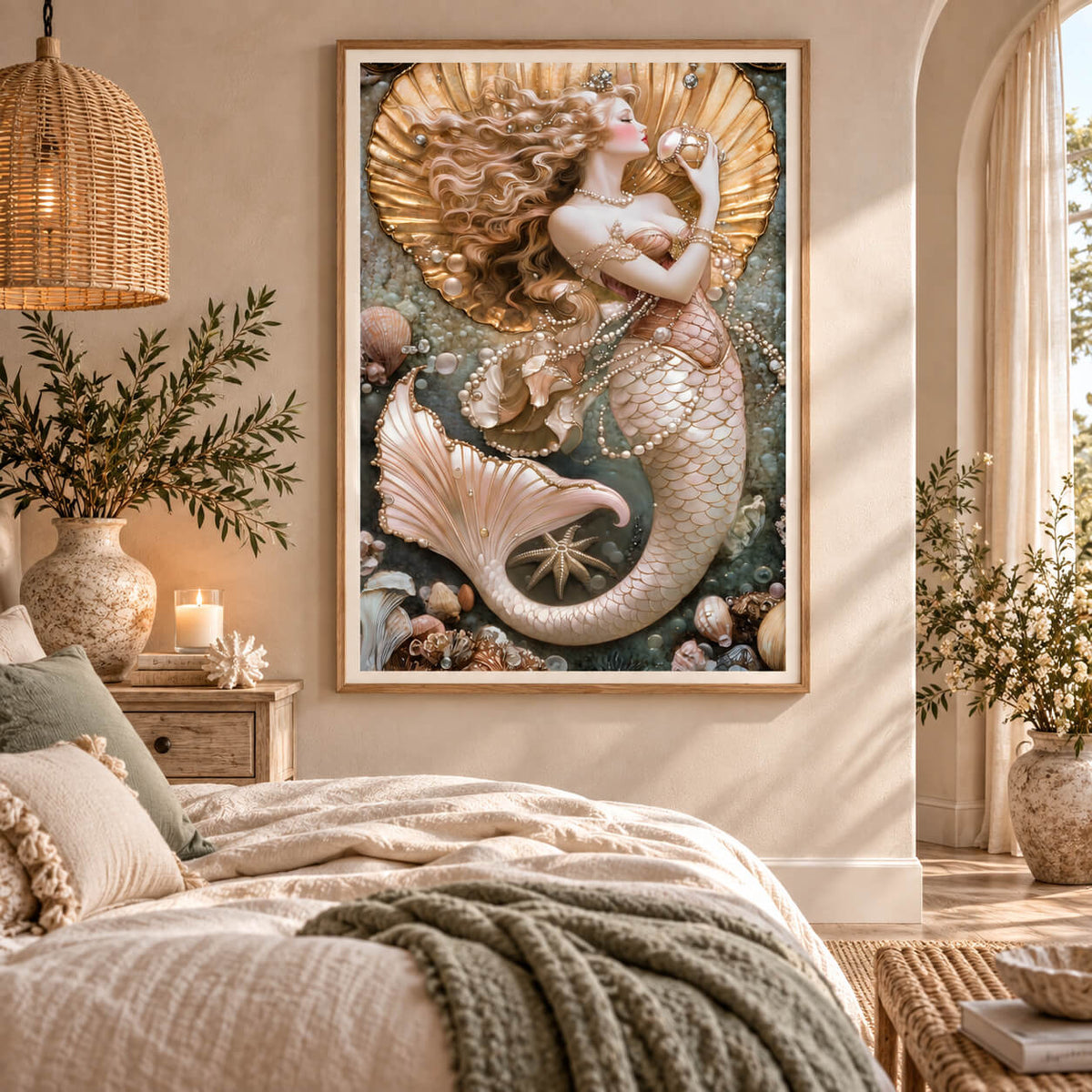 Coastal maximalist wall art featuring an elegant mermaid with flowing hair, golden shell backdrop and pearl details.