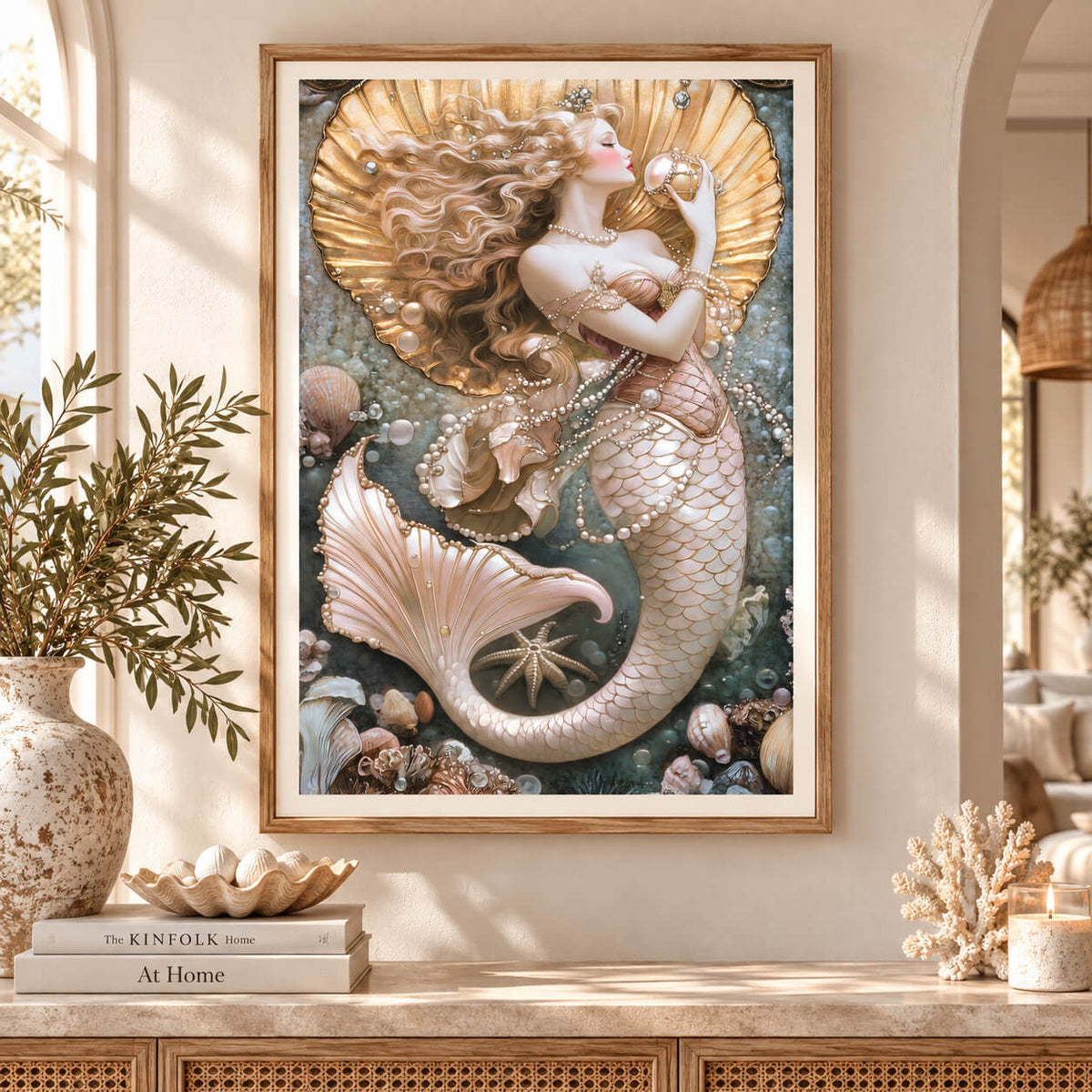 Ethereal mermaid wall art print featuring a golden-haired mermaid surrounded by pearls, seashells and ocean treasures