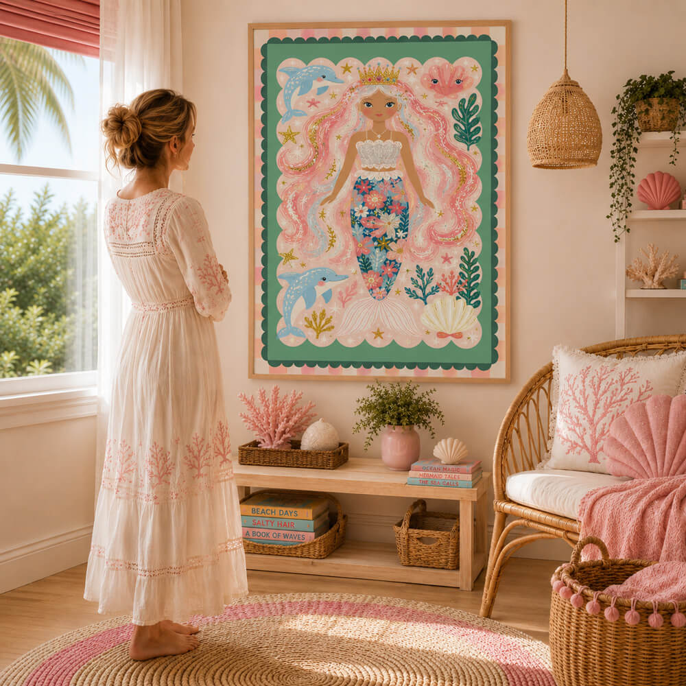 Whimsical mermaid print for girls' bedrooms with pastel ocean colours, dolphins, seashells and underwater floral details.