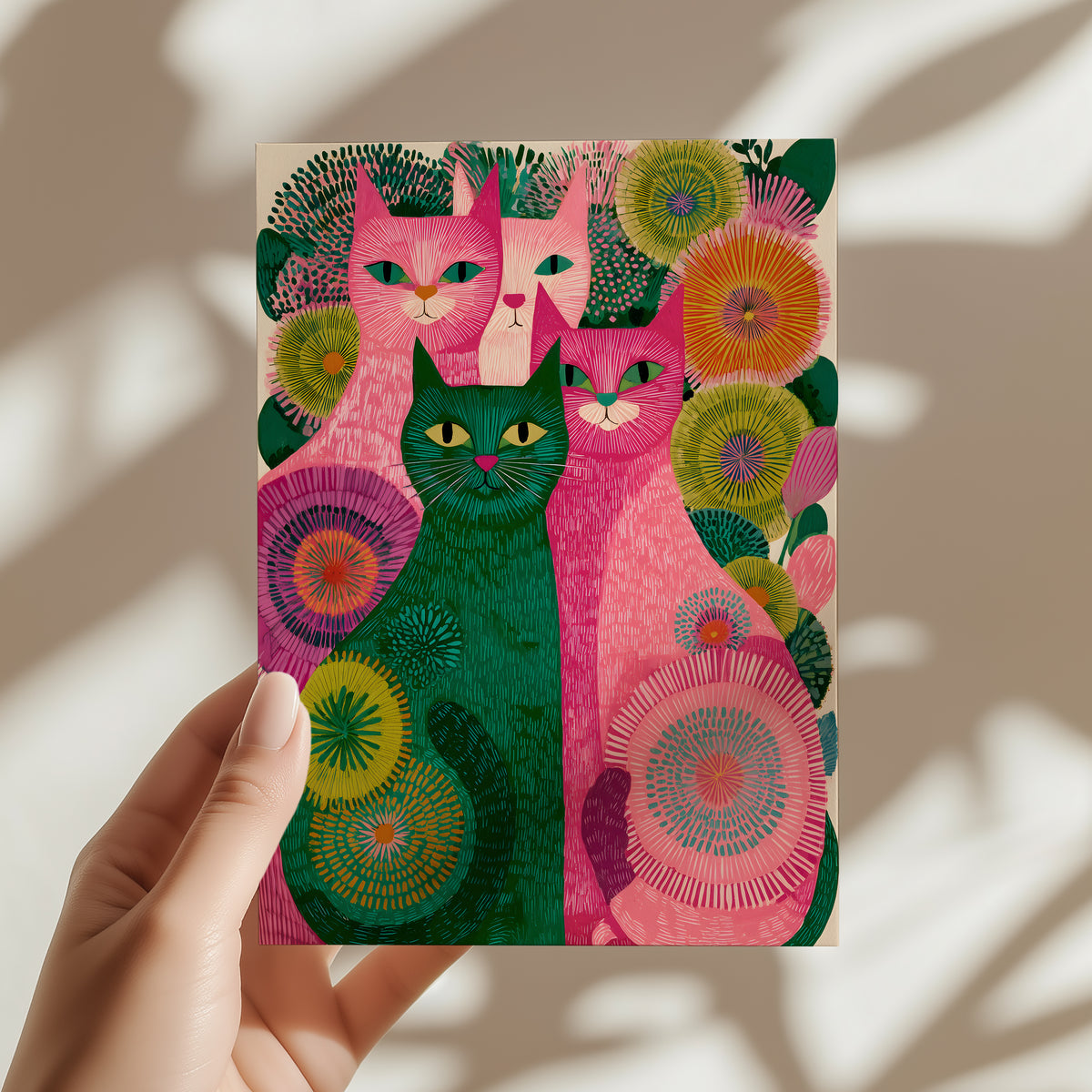 Mini A5 wall art print of colourful contemporary cats