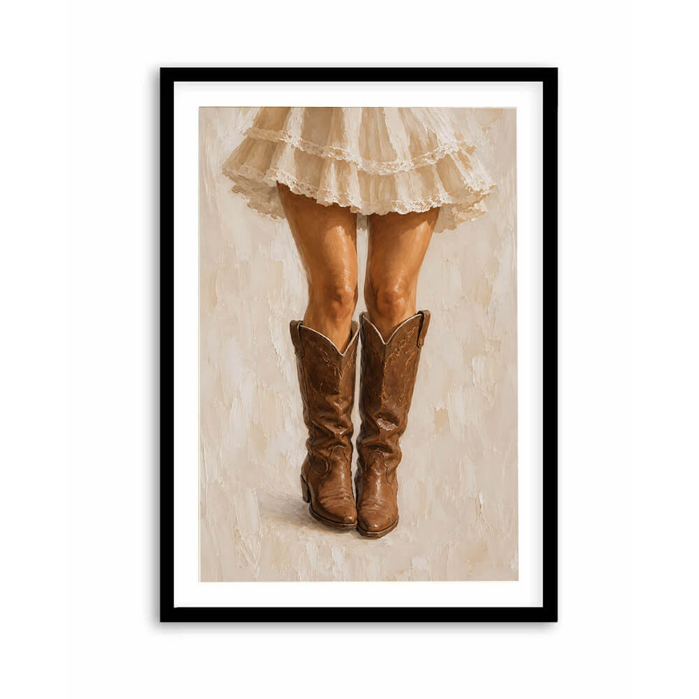 Cowgirl boots wall art featuring brown western boots and ivory lace dress