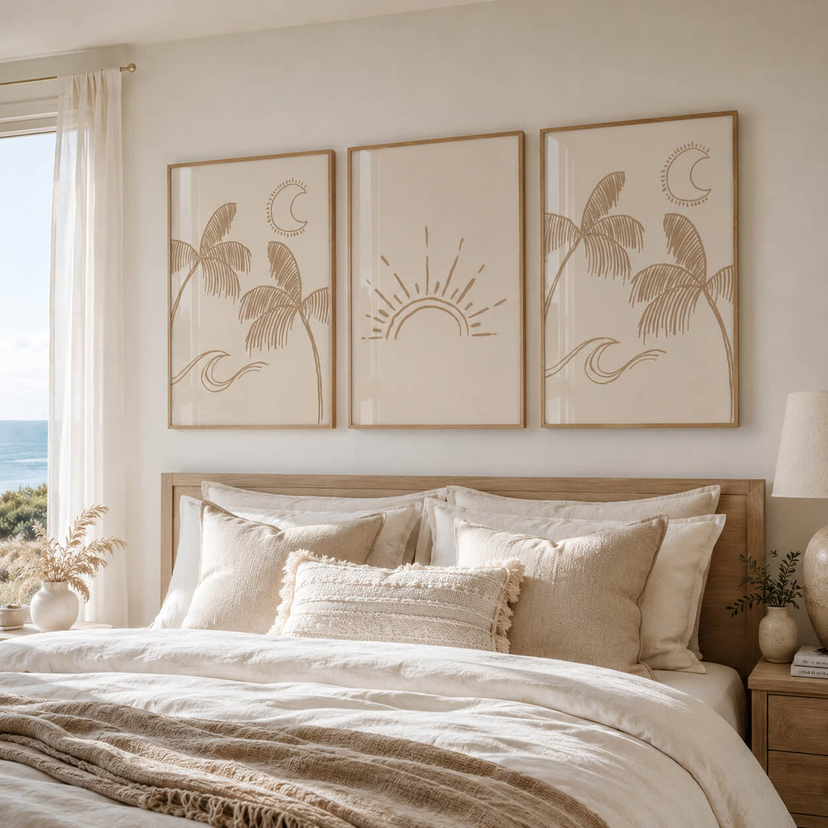 Set of three neutral coastal boho wall art prints in natural oak frames displayed above a bed, featuring minimalist palm trees, sun, moon and wave line art in warm beige tones.