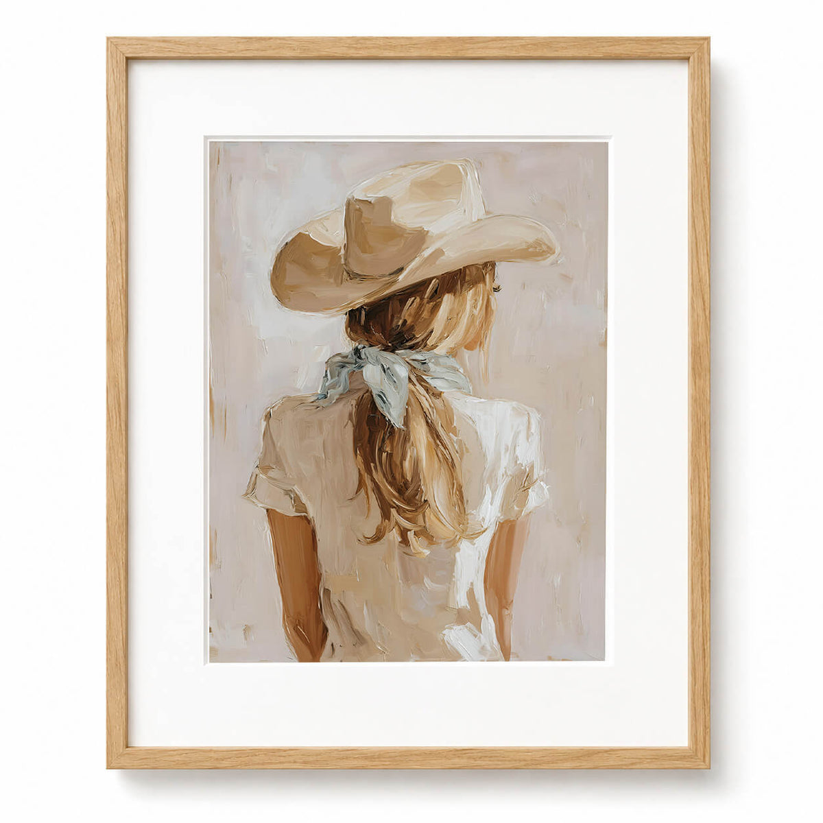 Minimalist cowgirl wall art neutral beige cowgirl blue bandana hair tied back