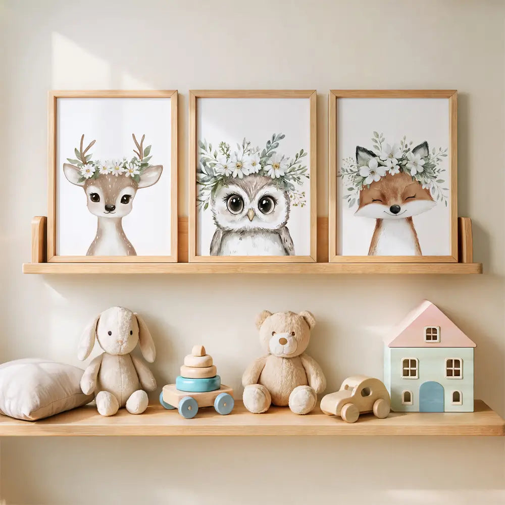 Baby animal nursery prints for girls with floral woodland animals